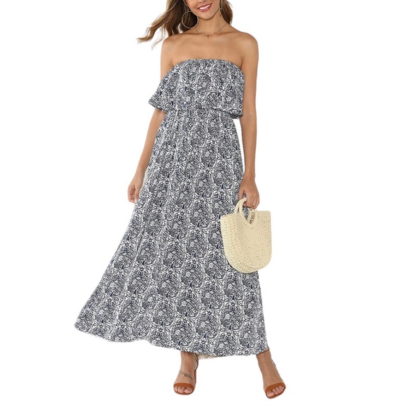 Strapless Ruffle Maxi Dress Size 16 XL Blue & White Rayon Print - Picture 4 of 16